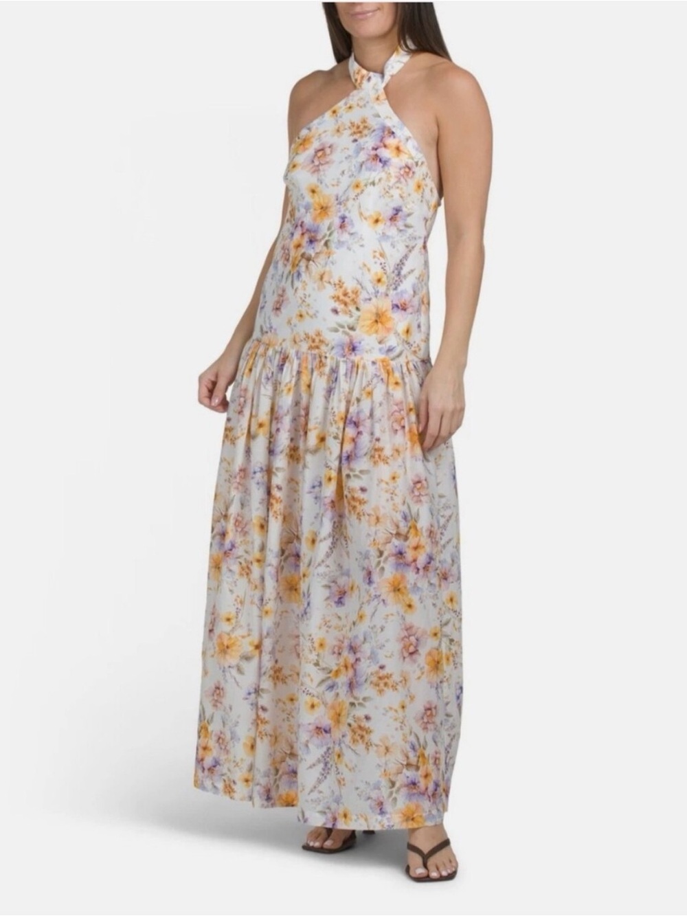Aqua Blu Floral Halter Maxi Dress Multicolor Size L NWOT
